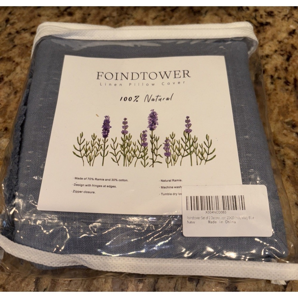 18x18 Foindtower Set of 2 BLUE Linen Fringe Throw Pillow Covers Cozy Boho